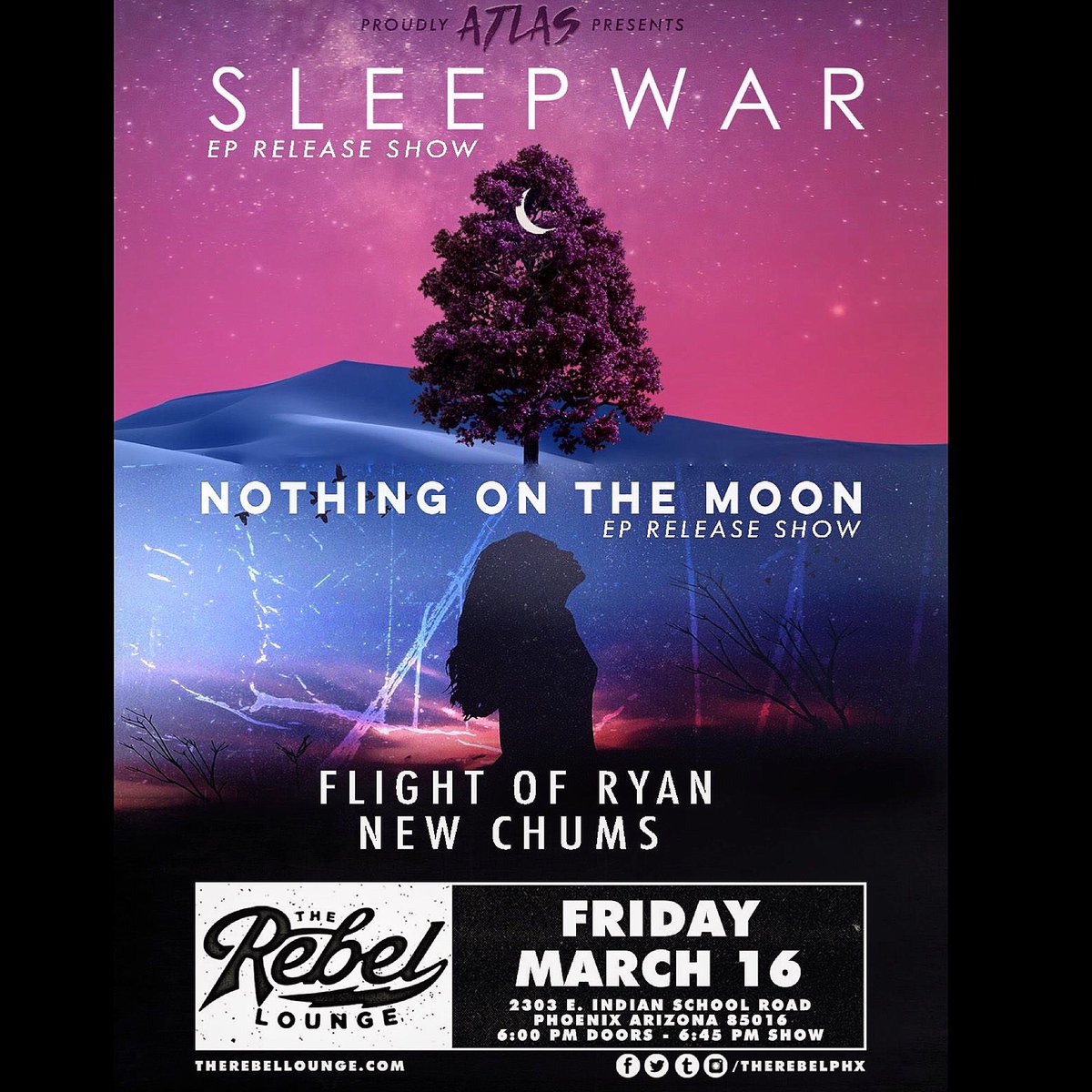 newchumsband's tweet photo. Come PARTY at @therebelphx w/ @sleepwarofficial &amp; @nothingonthemoon @FlightOfRyan. DM us for tickets!
#concert #localmusic #azmusic #asu #livemusic #band #venue #newchums #sleepwar #tourlife #music #indieband #indiemusic #poprock #pop #altrock #rocknroll #musicscene #tempe https://t.co/07dsrgjumZ