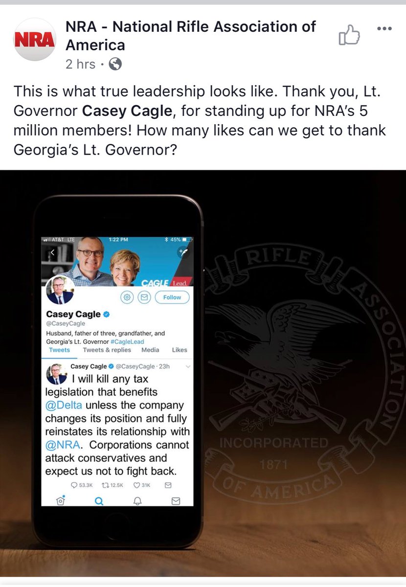 bluestein's tweet photo. “This is what true leadership looks like.” The @NRA praises Georgia Republican LG @CaseyCagle over his successful bid to punish @Delta for severing ties with the gun rights group #gapol https://t.co/ncHdYGLyPj