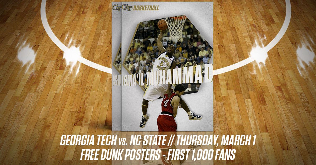 GTAthletics's tweet photo. FREE Isma’il Muhammad posters for first 1000 fans Thursday night + pregame autograph session 🐝🏀✍️

@GTMBB tips off against NC State at 8p #TogetherWeSwarm 

🎟: https://t.co/1Q0QxFKRpY https://t.co/4rHDJXFydg