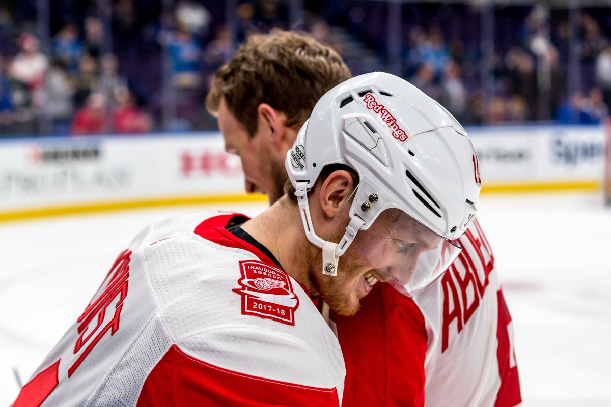 DetroitRedWings's tweet photo. A couple of milestones for your #RedWings tonight. #LGRW 

Abby: 600th career game
Gus: 400th career game

Congrats! https://t.co/ndniIIjvxE