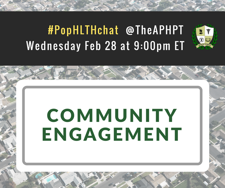TheAPHPT's tweet photo. #PopHLTHchat starts in just 1 hr! Tonight we'll be discussing COMMUNITY ENGAGEMENT - can't wait to #CONNECT soon! #prevention #healthpromotion #hcldr #PTversion2 #PTrev #healthandwellness https://t.co/sP3R9ti1Ww