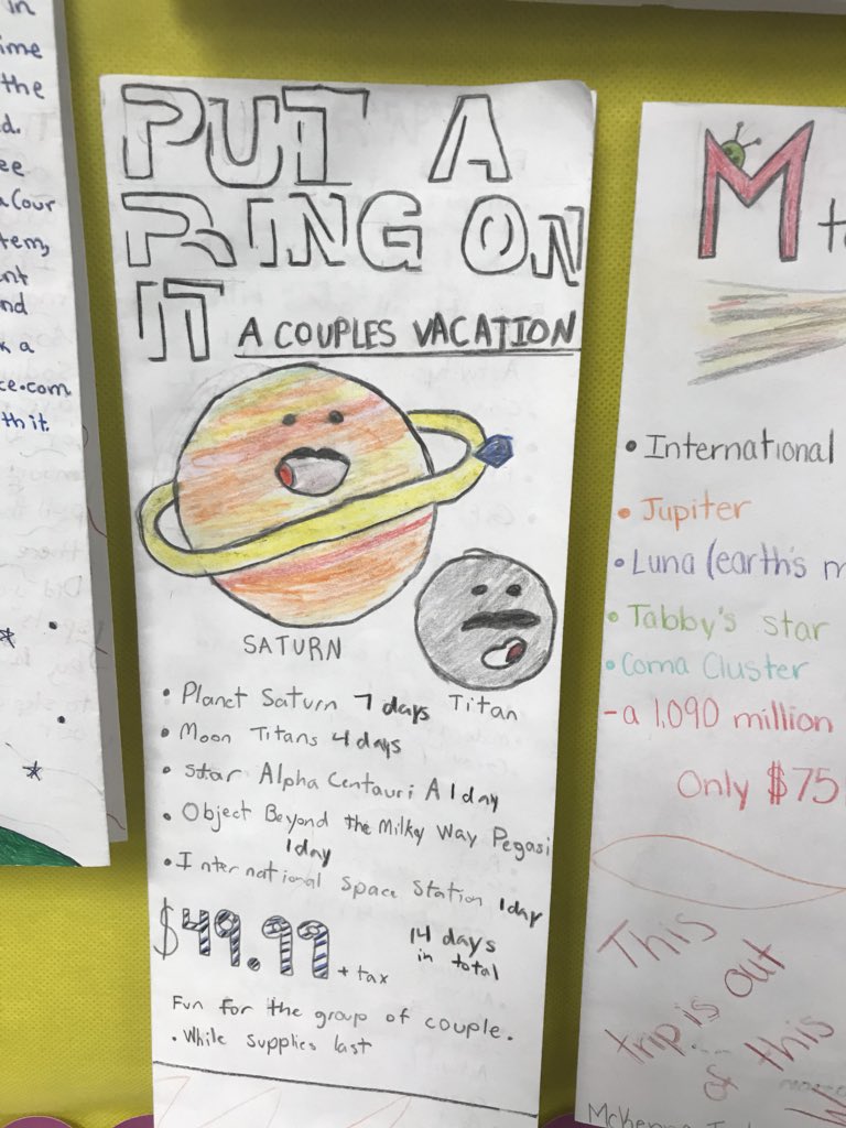 tm_instructED's tweet photo. Persuasive writing complete with propaganda techniques to advertise their researched planet travel destination. Very convincing cross content activity @Wildcats512 @theSMSD #scientistswrite https://t.co/8uNr2a3q4B