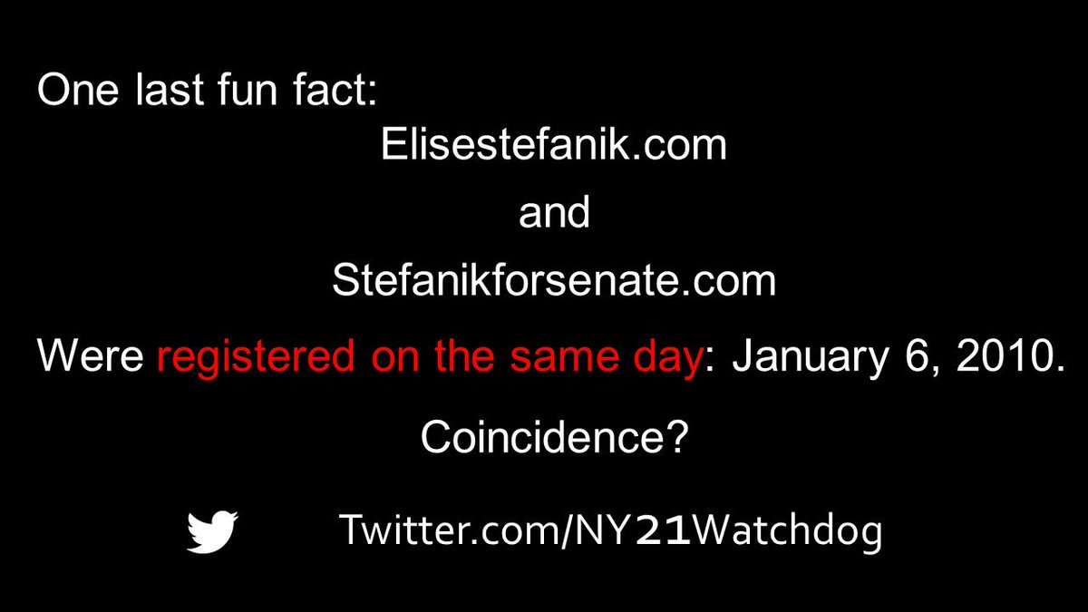 NY21Watchdog's tweet photo. 8/9

Stefanik is connected to those domains. IN FACT, she probably registered https://t.co/DddA0fkAeD HERSELF because it was registered on the EXACT SAME DAY as https://t.co/XGd5tpNaX2. (January 6, 2010)

SHE OWNS (OR AT LEAST USED TO OWN IT) HERSELF! https://t.co/iNqRS6wlSH