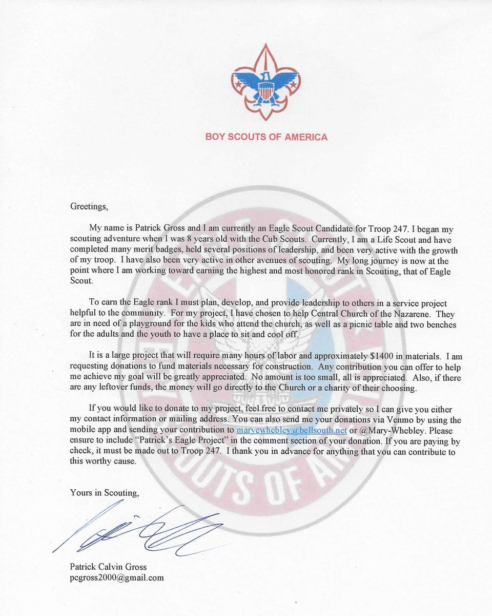 Hello all, I am currently fundraising on my Eagle Scout Project and I have attached a letter explaining the project and how to donate. I appreciate all of your help in advance.