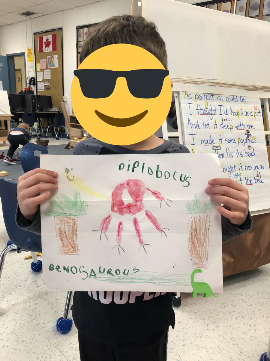 MissBond15's tweet photo. Mixed media art in Kindergarten! We used paint for our handprints and markers and crayons for details! We used our names to make new dinosaur species, &amp; wrote about the types of dinosaurs that inspired us by using our read aloud &amp; inquiry facts #sccdsb #dinofun @StJohnFisherCS https://t.co/Gvhz39HH9p