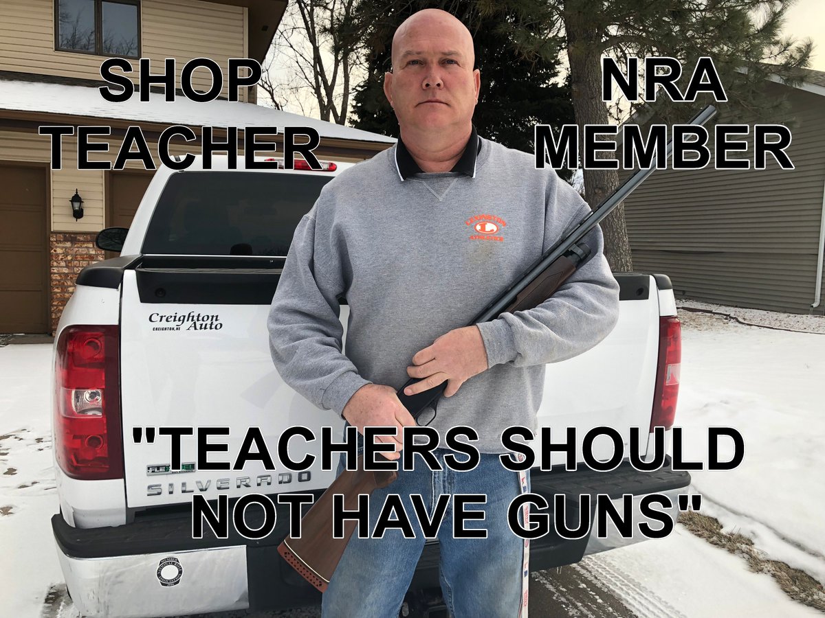My dad asked for a meme version of this photo, so I thought I would show it to everyone. So you know, he's a shop teacher in Lexington, Ne and you can see the NRA bumper sticker on his truck. 
#NeverAgain #MarchForOurLives #ArmMeWith #TeachersAndGunsDontMix #NRABoycott