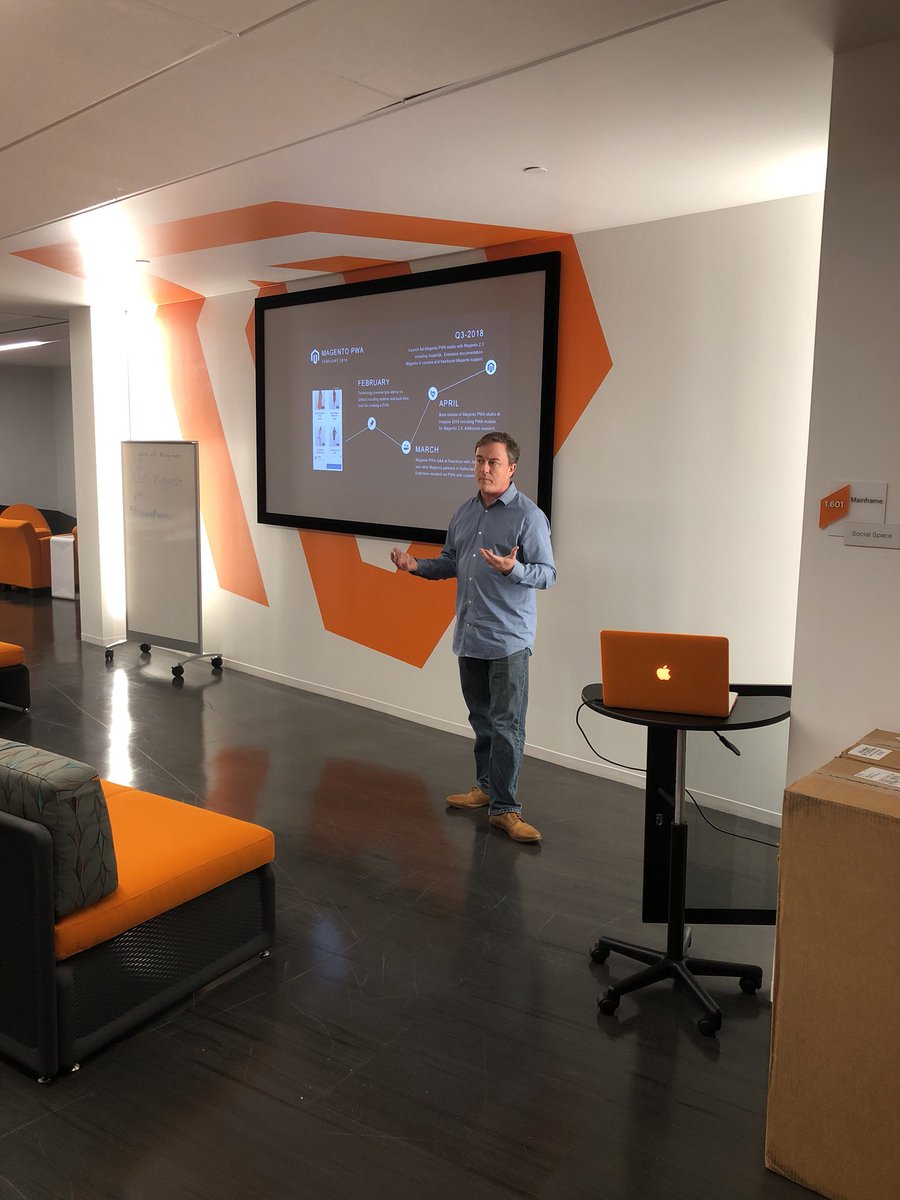 JasonPanke's tweet photo. Eric Erway talking about PWA #Magento #MagentoAustin https://t.co/BfQAO6Ttuo