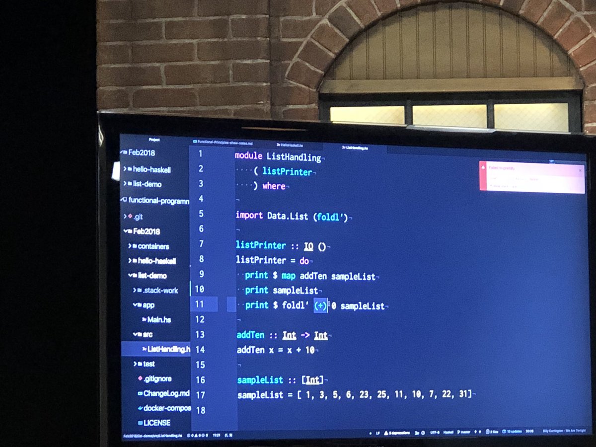 RRGrumpyPants's tweet photo. Attended an excellent #Meetup presentation tonight in #Gainesville at @ITProTV on #functionalprogramming using #Haskell. Always cool to see new ways of solving development challenges. #coding #technology #GainesvilleTech https://t.co/6dJ5JLI7Wy