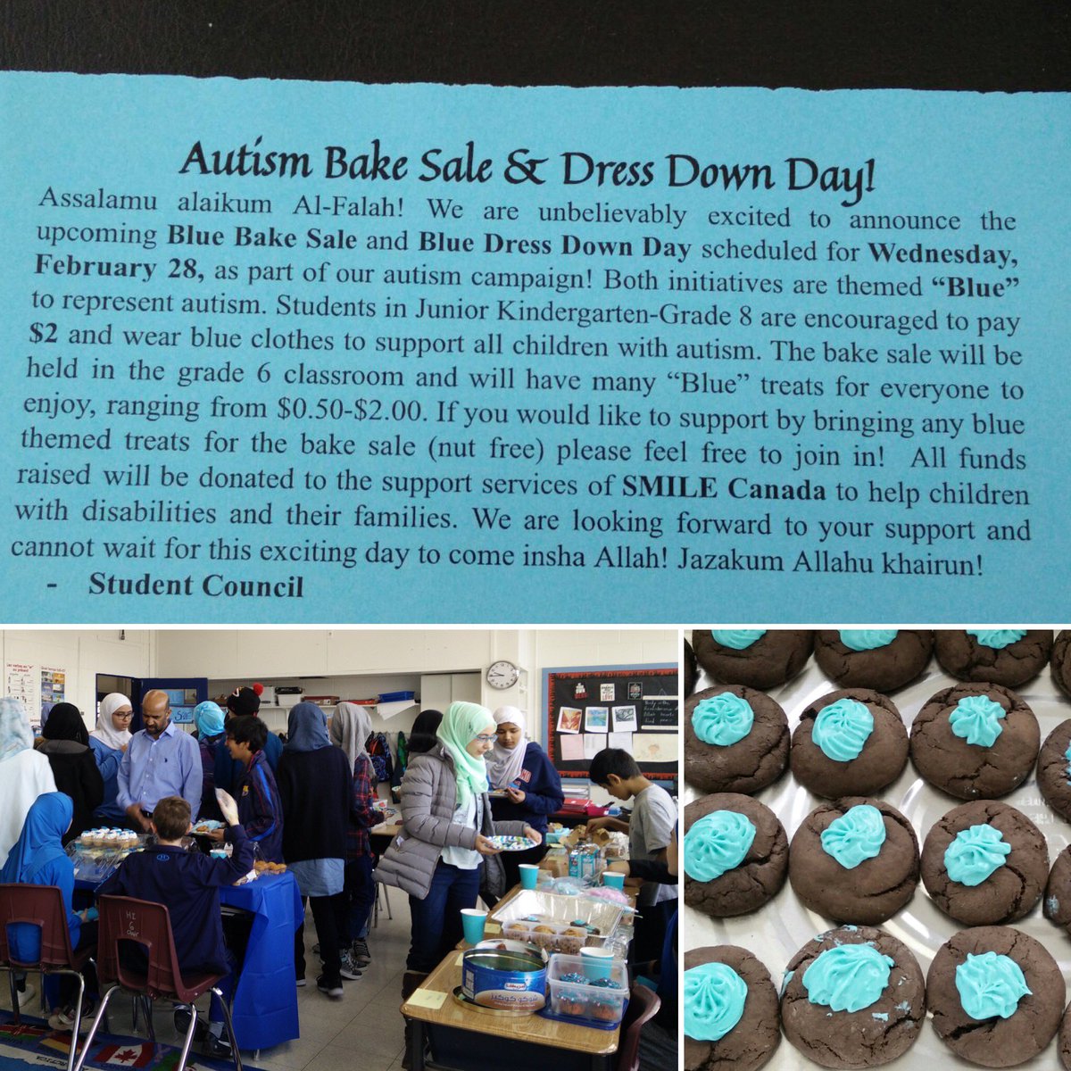 smilecanadaorg's tweet photo. This makes us SMILE! Today @Al-@Al_FalahSchool had a Blue Bake Sale and Blue Dress Down Day as part of their Autism Awareness Campaign. Way to go!
#StriveforInclusion #AutismAwareness #WearBlueBakeBlue #unitedweSMILE https://t.co/T0cNpbcv9C