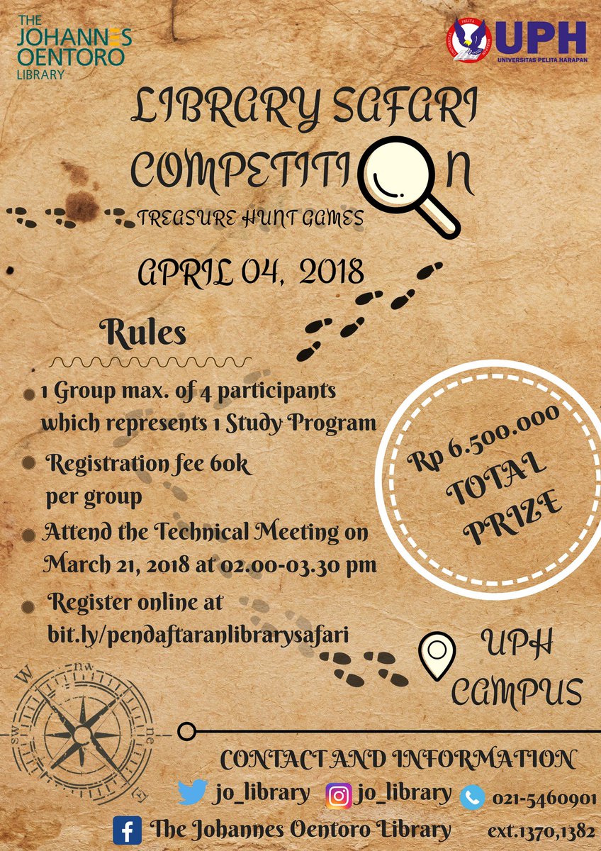 jo_library's tweet image. LIBRARY SAFARI COMPETITION ON 4TH APRIL 2018. 

Treasure Hunt Games for students in which to compete to find the treasure using vatious clues. Are u ready??? Register Your group now! For more info : library.uph.edu and our socmed 😀