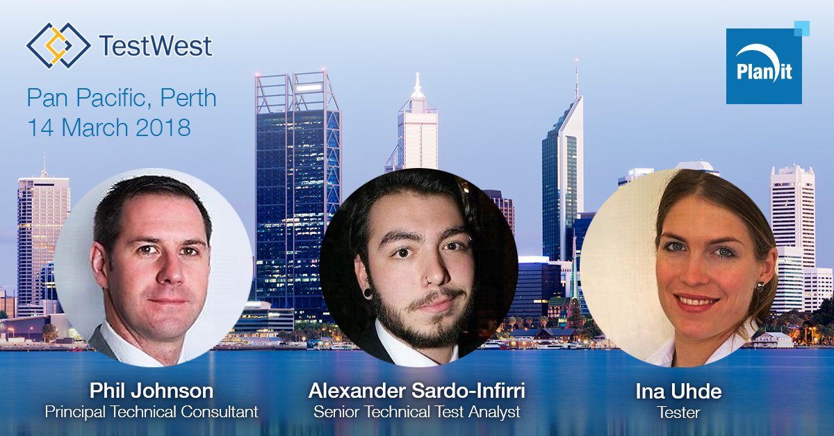 PlanitTesting's tweet photo. We’re coming to @TestWestWA on 14 March! Visit our booth and check out the 1:35pm presentation by Phil and Alexander about #automation trials and triumphs. Ina will also speak at 11:05am about transferring non-testing skills to #testing. #TestWest https://t.co/ZZJJOgPuWl https://t.co/jkbrNySvbk