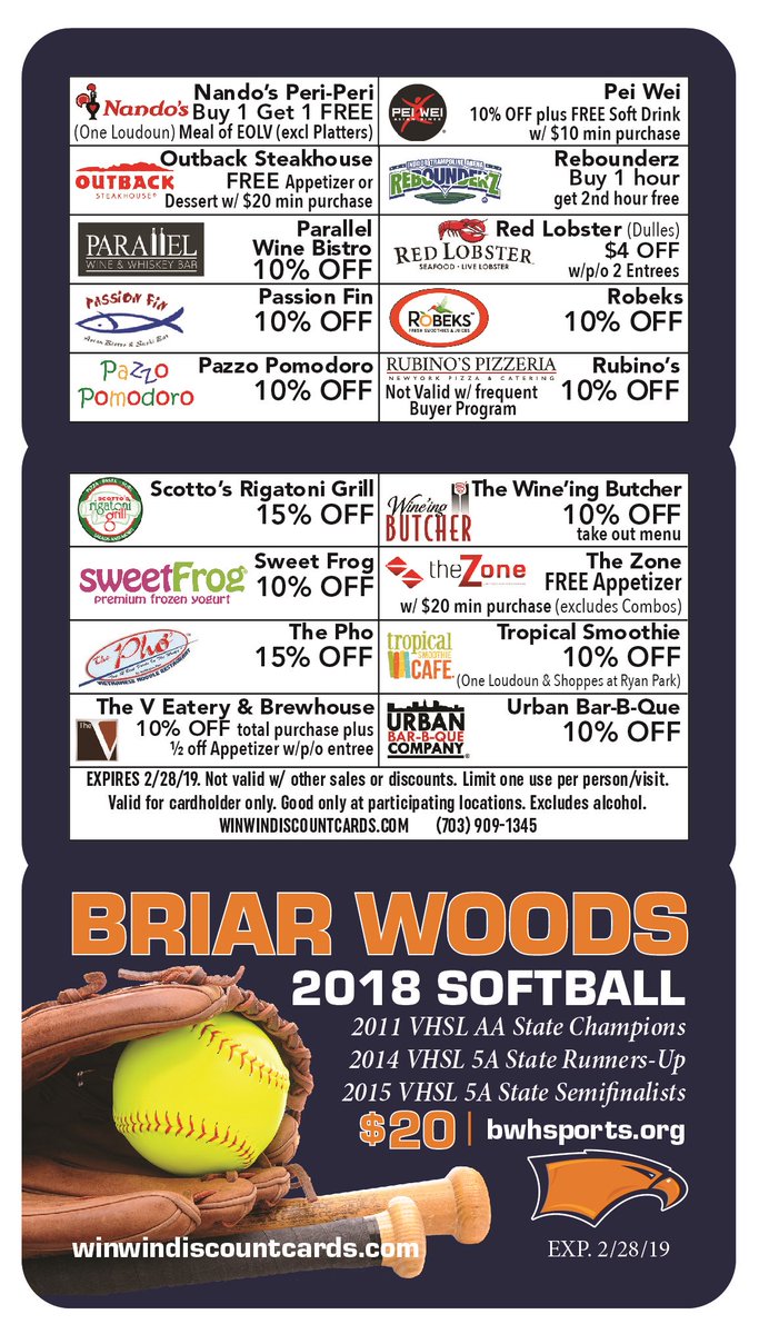 BW_Softball's tweet photo. Discount cards are back! 48 locations in &amp; around Ashburn for just $20! Includes favorites like a FREE appetizer from Outback and FREE Bang Bang Shrimp (min $20 purchase for both). See a player or contact Coach Starke to get yours! Thanks in advance for supporting BW Softball! https://t.co/w6Th2qw0Vm