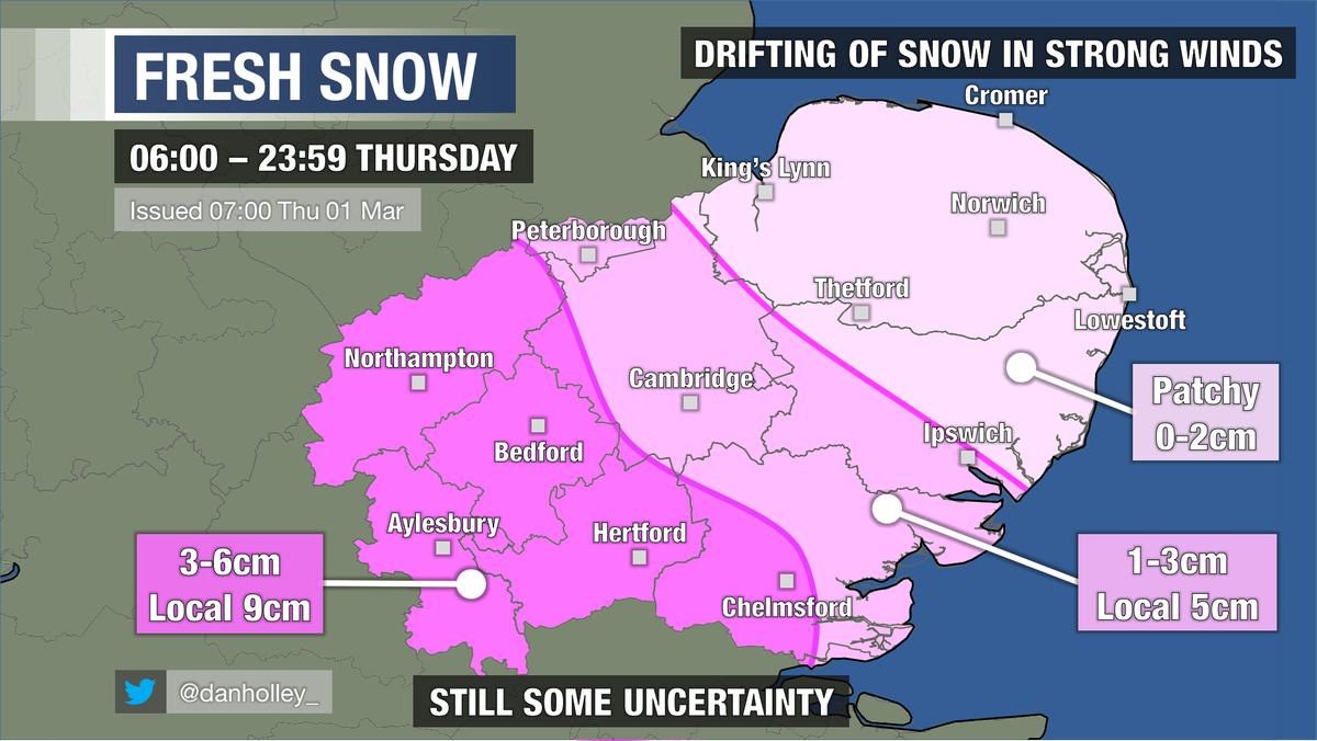 danholley_'s tweet photo. EAST - SNOW: Welcome to meteorological spring 🌼🌸 We've got deep drifts of snow on some roads, with winds continuing to gust 50+mph near the coast. Further accumulating snow today - mainly in southern &amp; western parts. Still some uncertainty, hopefully this map gives a rough idea https://t.co/JaWkrFiNUV