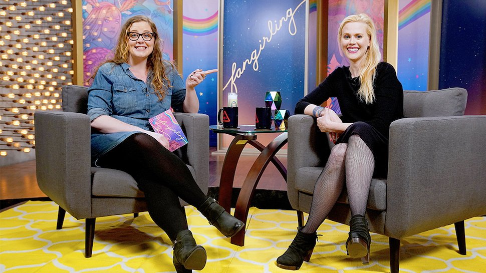 Alicia and Janet on the very colorful set of the Fangirling show.