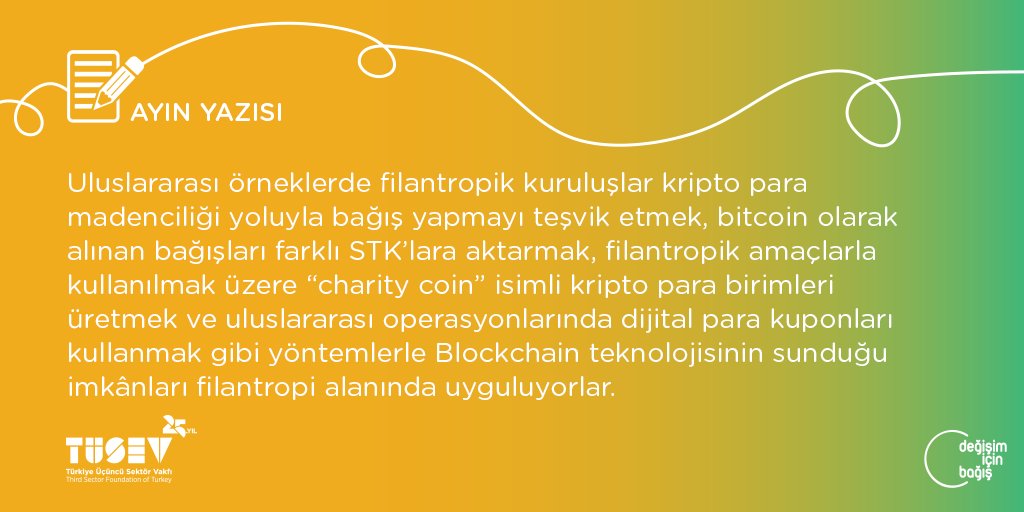 Blockchain teknolojisinin sunduğu imkânlar filantropi alanında pek çok farklı amaçla uygulanıyor. Ayrıntılar ayın yazısında! goo.gl/ac8fgU 
#blockchain #bitcoin #cryptophilanthrophy