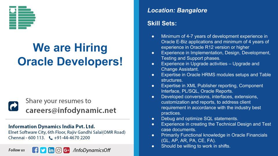 InfoDynamicsOff's tweet image. We are hiring #OracleDevelopers! in #Bangalore, Reach out to us on careers@infodynamic.net to explore this opportunity! @hrmagazine @HRZone