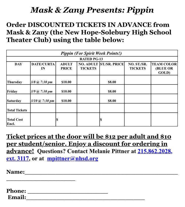 Maskandzany's tweet photo. Pippin is one week away!! Order tickets this week and gain Spirit Week points for your team! One point for each ticket preordered. Get points and support friends! https://t.co/xsyS0NVbYA https://t.co/wdnDtC6k4f