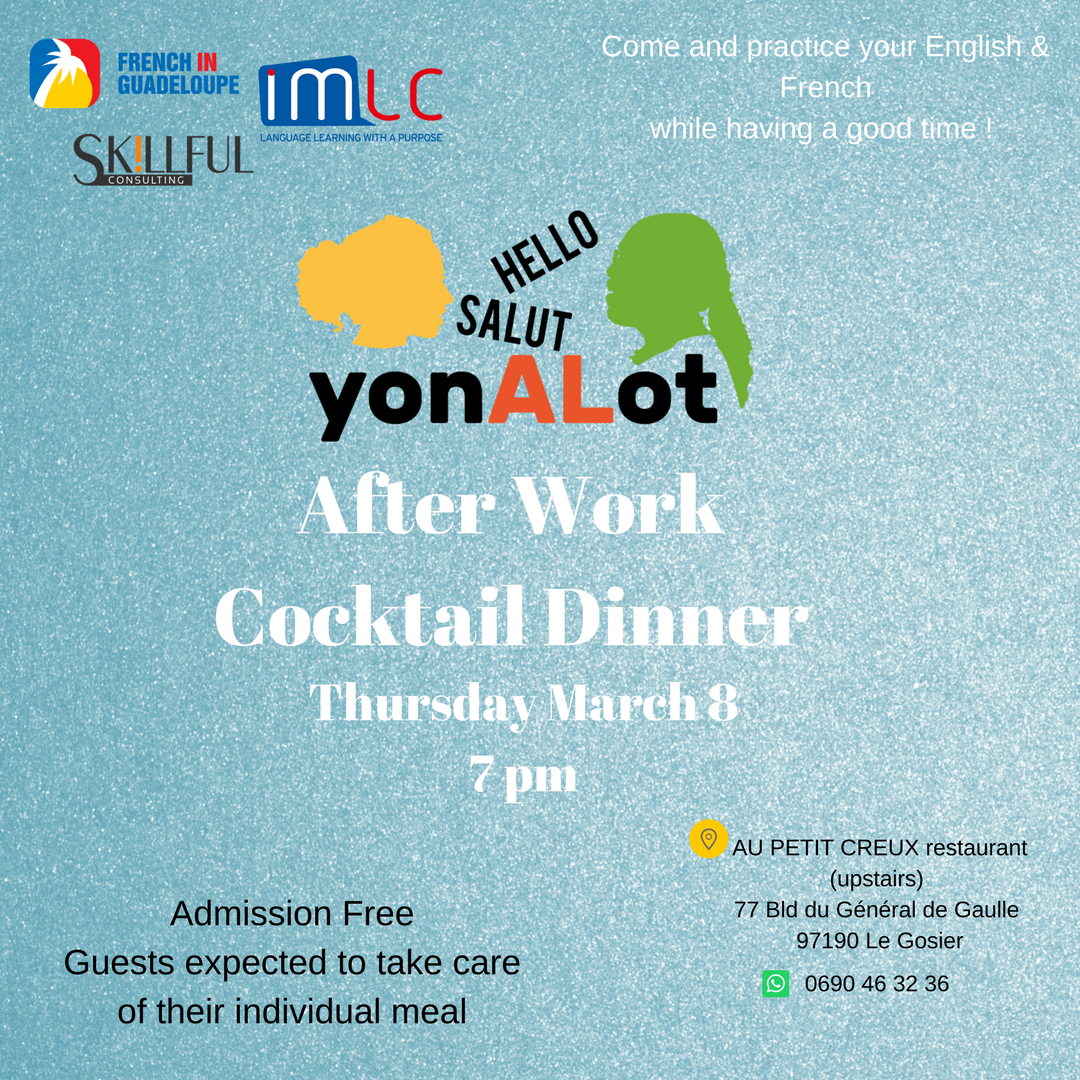 yonalotbyimlc's tweet photo. Vous êtes invités à un dîner spécial ! Venez rencontrer et échanger avec des personnes de Guadeloupe et d'ailleurs, en français et en anglais. Les consommations sont obligatoires. Nous  vous proposeront un menu spécial ! L'entrée est gratuite. https://t.co/bISBR8UqqJ