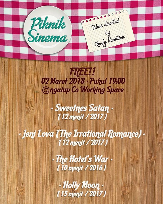 PiknikSinema bareng @nolderajatfilm, menonton film-film karya Roufy Nasution .
📆: Jumat, 2 Maret 2018
📍: <a href="/ngalup/">Leo Santoso</a>.co 🕖: 19.00
GRATIS!
.
#paradefilmmlg #paradefilmmalang #pfm2018