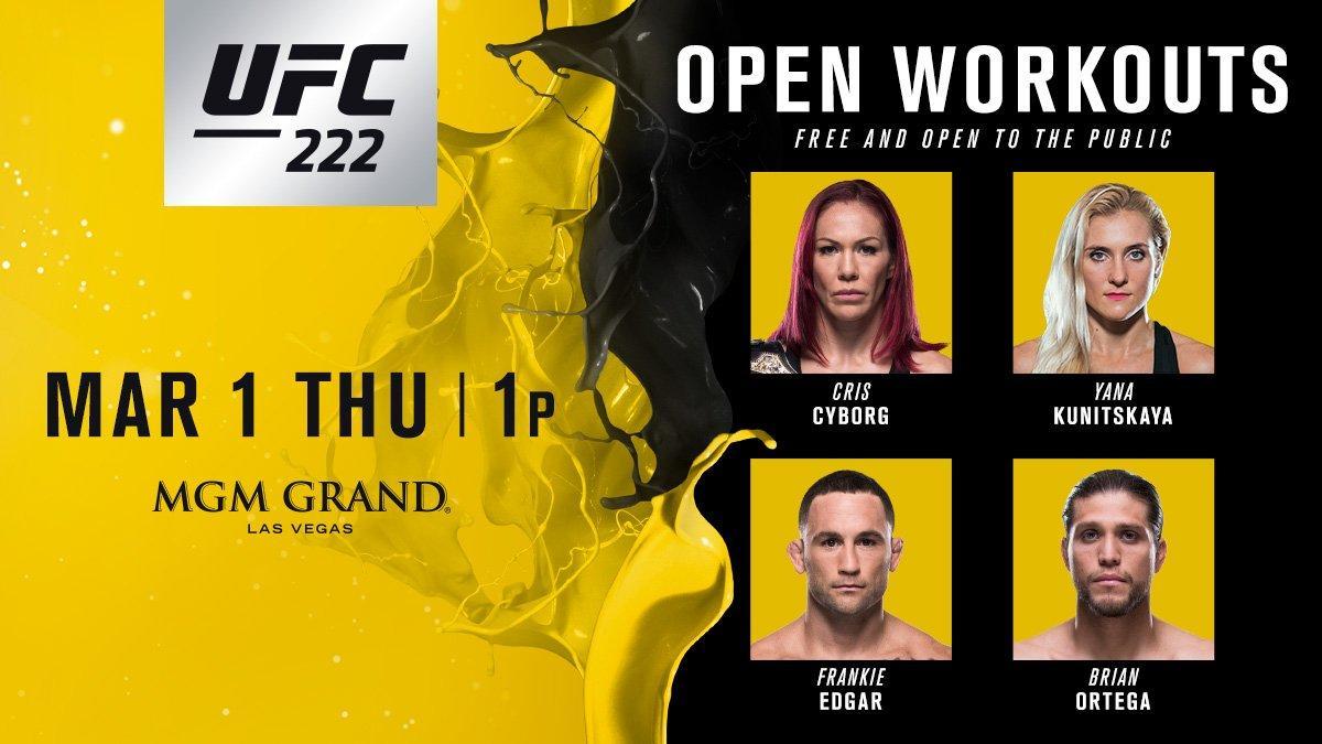 #UFC222 Open Workouts go down THURSDAY | 1pmPT | LIVE from the <a href="/MGMGrand/">MGM Grand Hotel</a>! 

@CrisCyborg | <a href="/YanaKunitskaya1/">Yana Santos</a> | <a href="/FrankieEdgar/">Frankie Edgar</a> | @BrianTCity