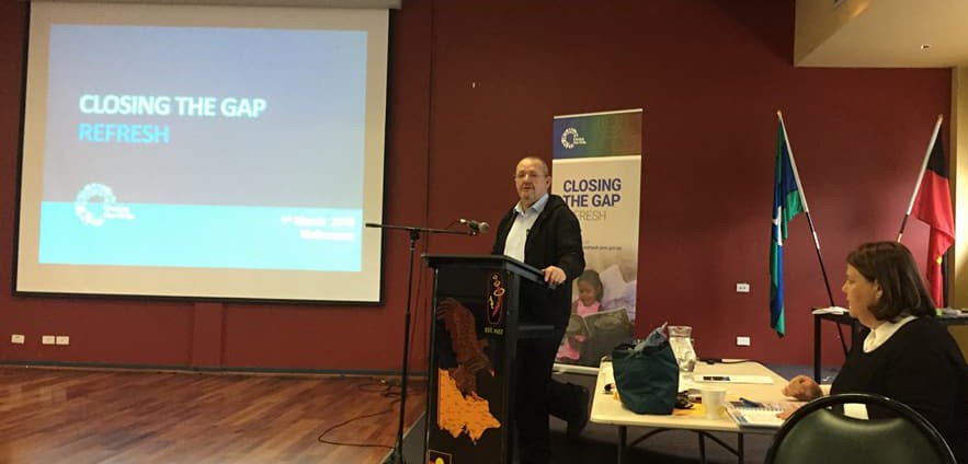 congressmob's tweet photo. Co-Chair Jackie Huggins has been presenting at the Closing The Gap Refresh Roundtable in Melbourne today. See here with participants, Linda Bamblett and Geraldine. Also Sam Jeffries, John and Andrew. 1st March 2018. https://t.co/HaEr9nFtCH