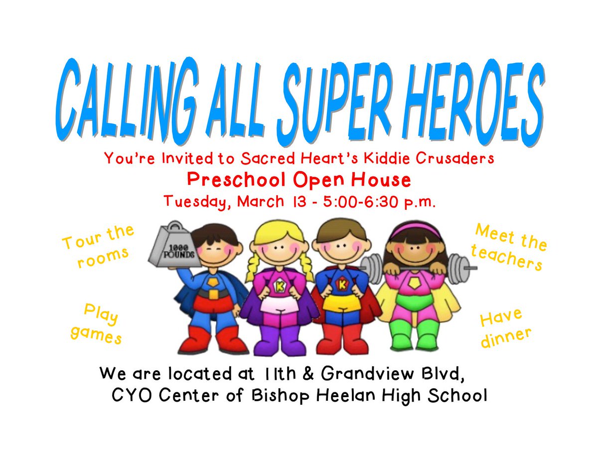 jpettykc's tweet image. Can&apos;t wait to meet all our new preschool super hero friends!  Come check out Sacred Heart&apos;s Kiddie Crusaders open house!