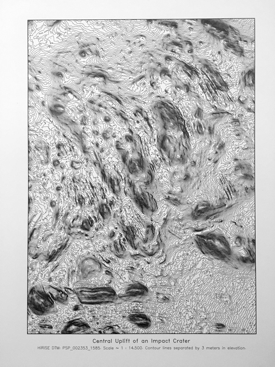 Today I plotted a series of Martian topography drawings based on <a href="/HiRISE/">HiRISE: Beautiful Mars</a> DTMs (digital terrain models). Which is your favorite? India ink on bristol paper. #plottertwitter 🛰️ ⛰️ 🖼️