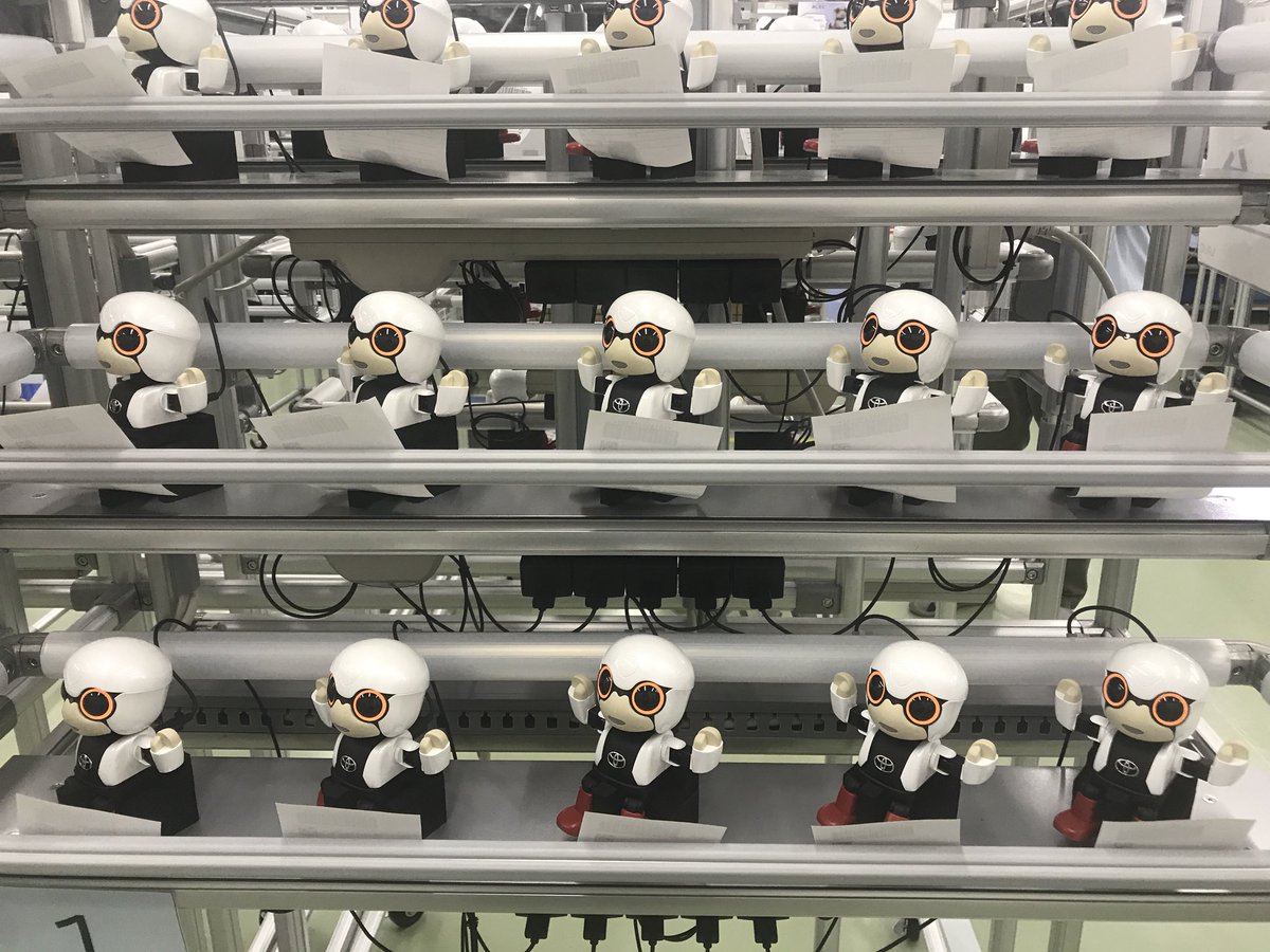 mfillustrated's tweet photo. 長野県安曇野にあるVAIOの工場で、#トヨタ の#KIROBOmini は造られています。生産の現場を取材させていただきました。これ、「たいりょくそくてい」という名の耐久試験です。かわいい！ https://t.co/leyQhxeOgR