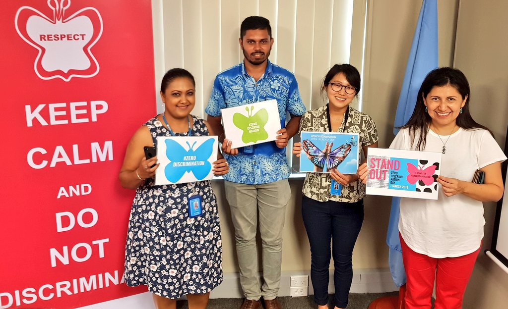 Commemorating #ZeroDiscriminationDay with butterfly cake w #UNAIDSPacific Goodwill Amb, & colleagues from @unwomenpacific & across the #UN in #Fiji. Discrimination on basis of #race, #gender, #age, #sexualorientation, #HIVstatus - is a #HumanRights violation. @RenataRamUNAIDS