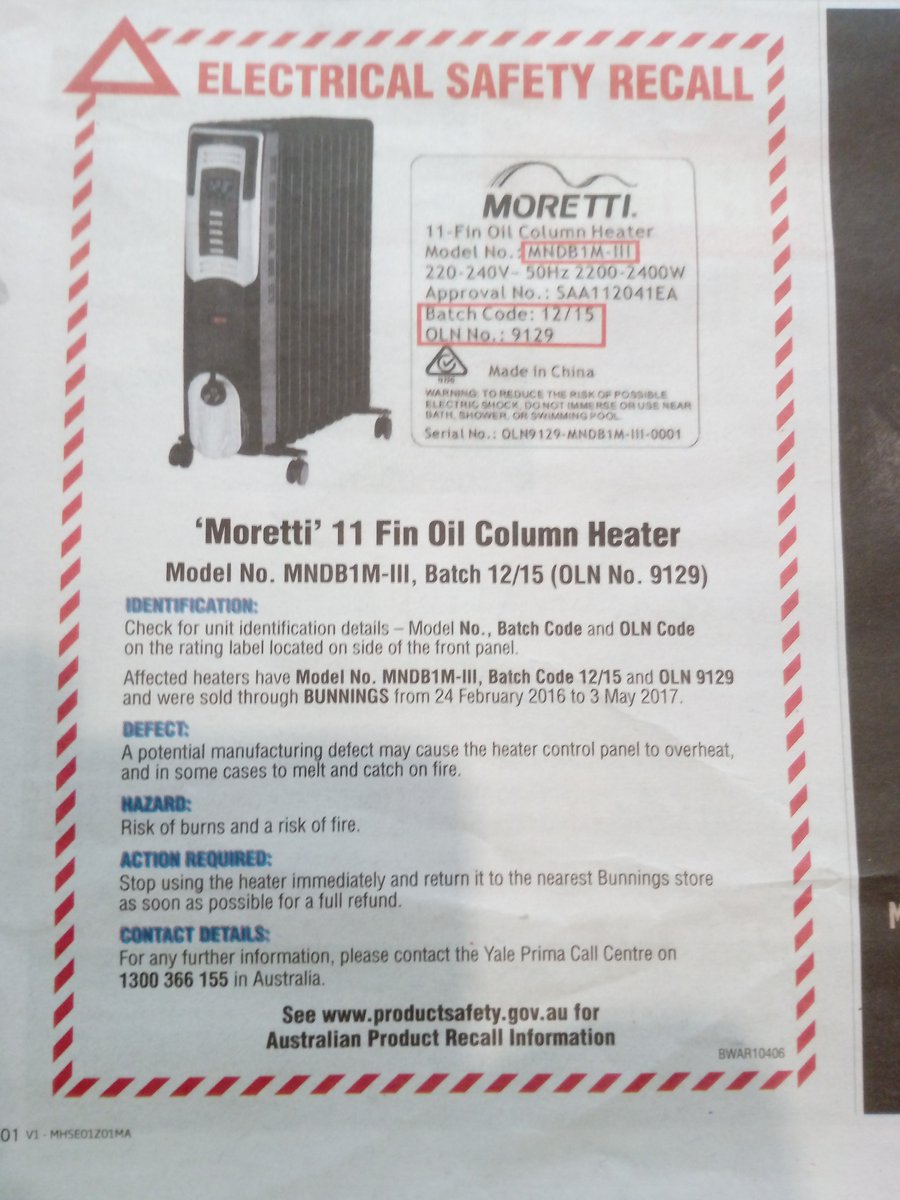 Q_SafeTest's tweet image. Moretti 11 fin oil column heaters have been recalled. If you have one, return it for a full refund.
