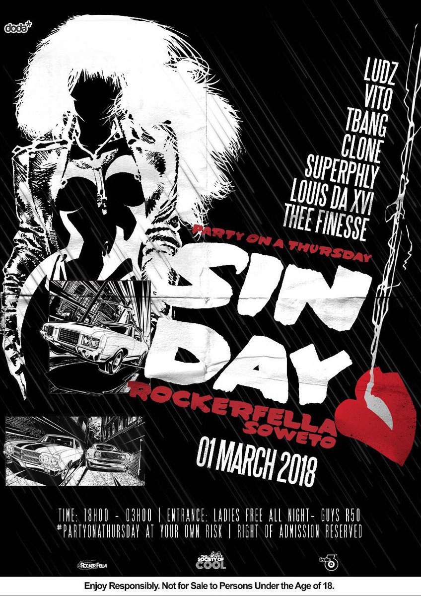 Ludz_SA's tweet photo. We're making a movie tonight...

🎬 #PARTYONATHURSDAY : 
😇 SIN DAY 😈
Starring:
🎧 @Vito_Schivito • @louisdaxvi_sa • @Ludz_SA • @djsuperphly_sa • @DjCloneSA • Tbang • @TheeFinesse 
📆 01/03/2018
🏢 Rockerfella Soweto
💸 Free for ladies • Gents: R50 https://t.co/kxAYDqlhIb