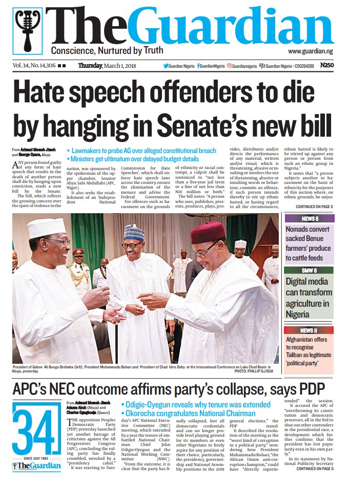 GuardianNigeria's tweet image. Today in The Guardian – Hate speech offenders to die by hanging in Senate’s new bill. Get a copy.