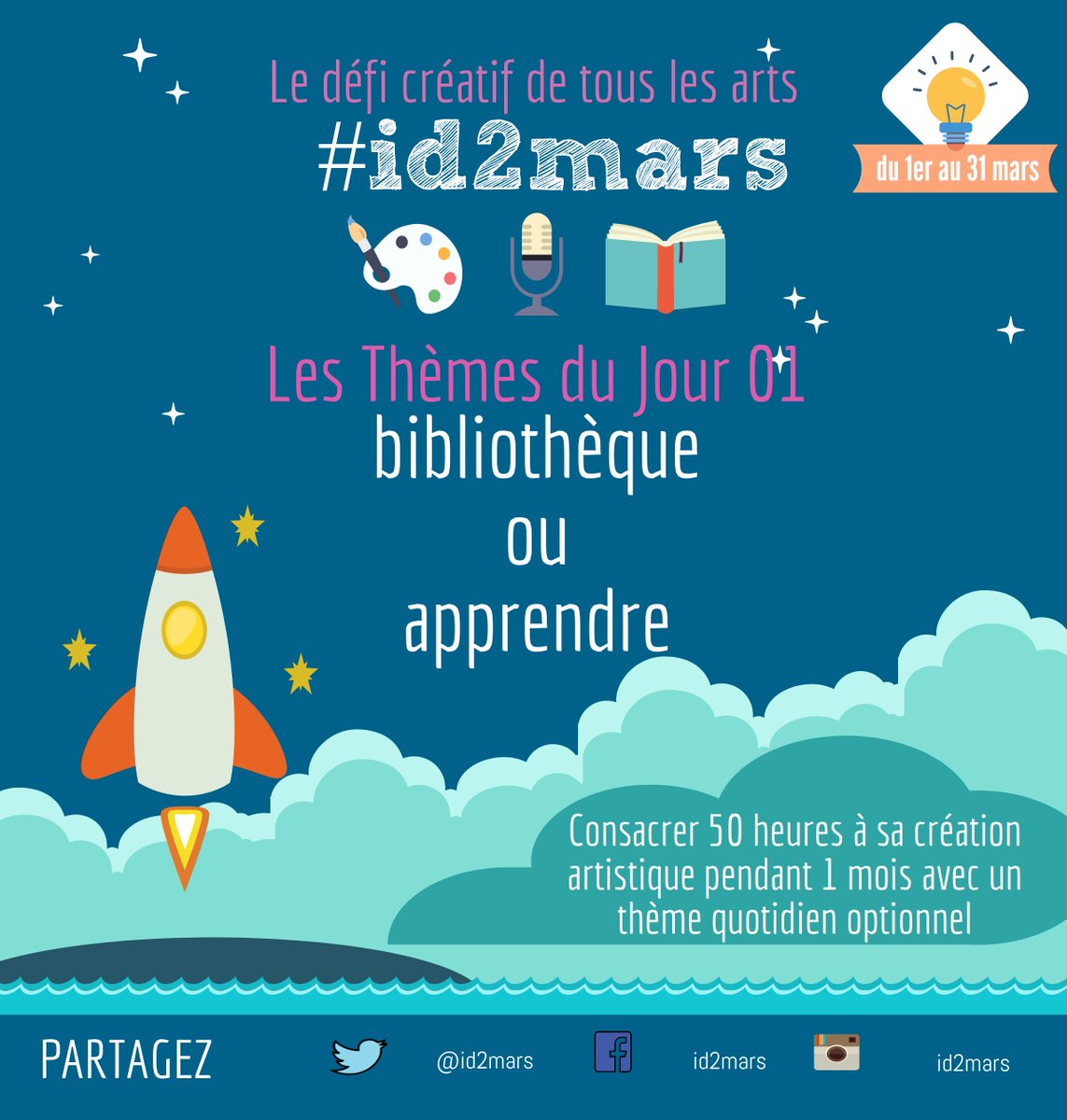 Cette année, pour ceux qui suivront les thèmes journaliers, il y aura 2 thèmes par jour : l'un abstrait et l'autre concret. 
Thèmes du jour 01 du #challenge #créatif #id2mars :
Apprendre 
Bibliothèque
Si vous partagez vos créations , taggez-nous avec #i2mars.