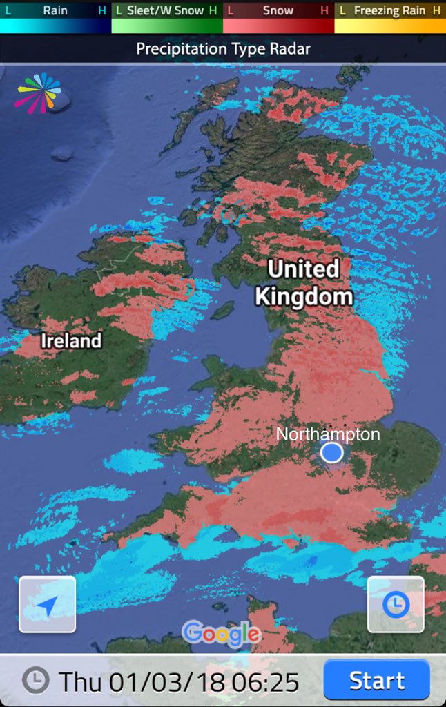The latest radar image shows that snow is currently falling over most parts of the country. I’ll keep you updated with the latest <a href="/metoffice/">Met Office</a> warnings as they are issued/amended as #TheBeastFromTheEast makes its presence felt in the county.