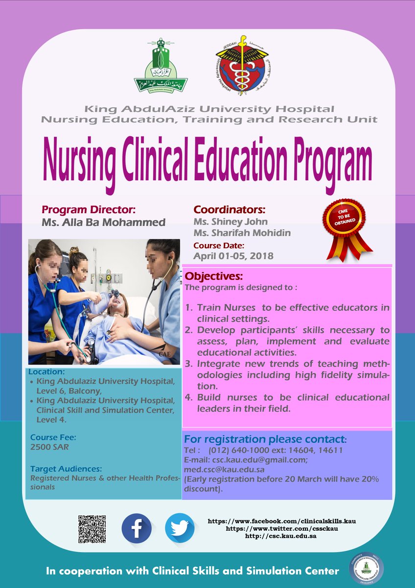 CSSCKau's tweet photo. Nursing  Clinical Education Program,April 01/05/2018 
#Nursing_course
#nursing_program
@CSSCKau @GhadahAbdull76 @kholoudfsa 
https://t.co/lDOOKFtzmI https://t.co/YixEoW2hRl