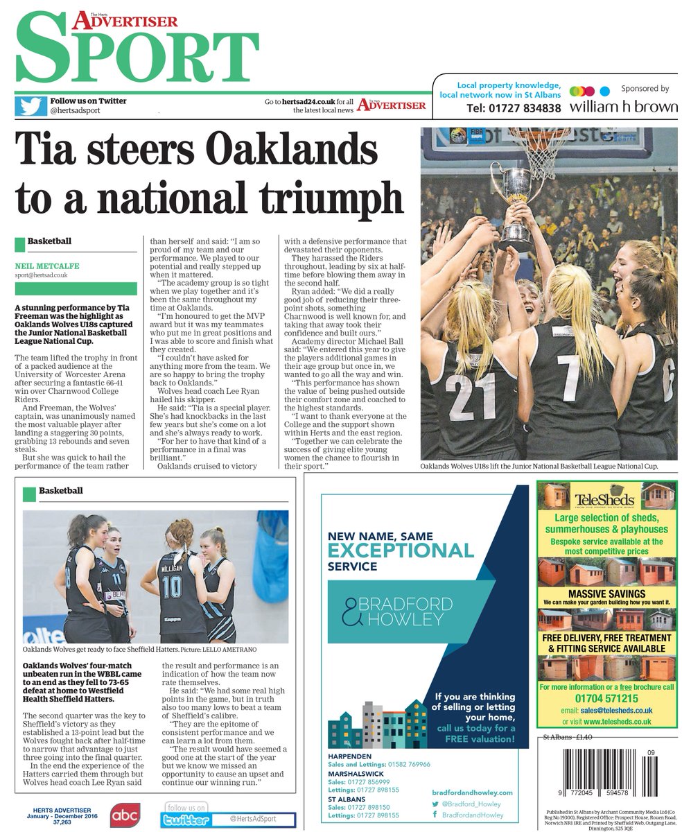 lizzyharrison's tweet photo. Awesome to see @Oaklandsball across the back page of the @hertsad! We're getting great coverage in Herts, thank you @Metcalficus 👏 https://t.co/zvP9LID0WE