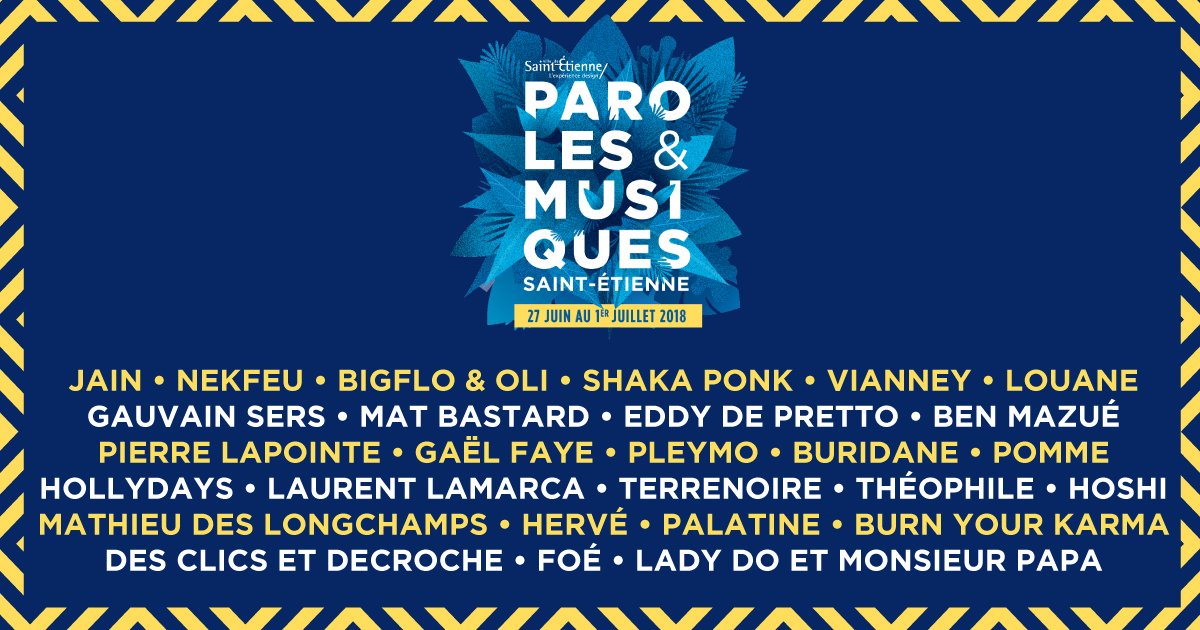 festivalpm42's tweet photo. Découvrez la programmation complète du #PM18💥
@VianneyMusique • @bigfloetoli • @MatBastard • @eddydepretto • @BenMaZUe • @OfficielPierre • @GaelFaye • @Buridane • @Pommeofficial @Hollydaysband • @HoshiOfficial • @hervemusiquefc • @PalatineMusic @FoeNicolas https://t.co/38SRvG8N2D