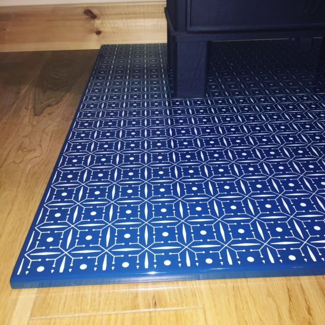 We love this hearth plate from <a href="/vlazesurface/">VLAZE</a> design is Layla Faye 'Domino Petrol' #vlaze #laylafaye #cambridgestoves