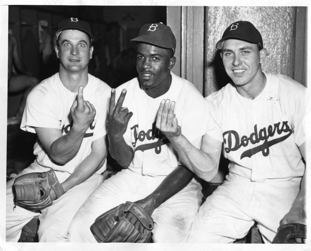 baseballinpix's tweet photo. Gene Hermanski, Jackie Robinson, and Gil Hodges after turning a triple play, 1949 https://t.co/0X9yFAZcLa