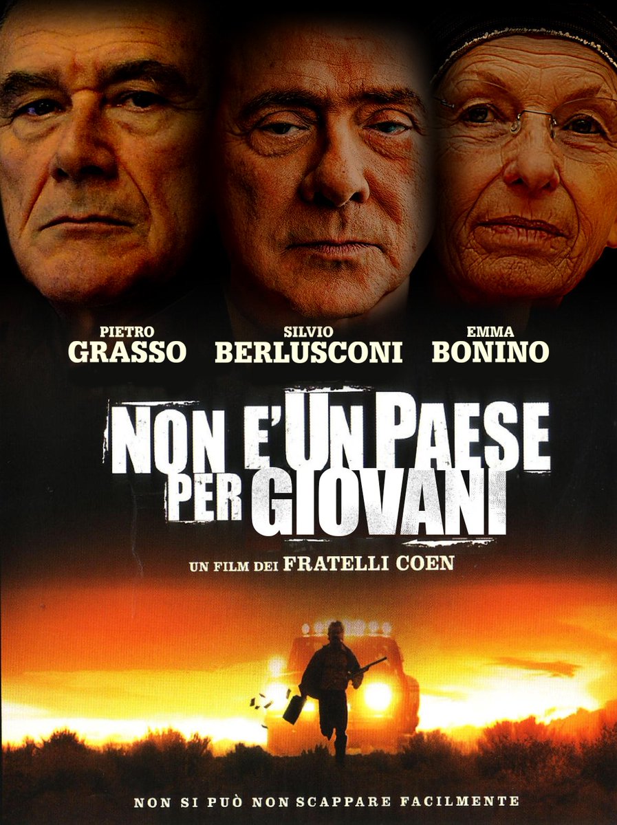 elezionicinema's tweet photo. Non è un Paese per giovani, dal 4 marzo in sala #ElezioniPolitiche2018 #elezioni2018 #elezionialcinema #photoshop #meme #fotoritocco #photoediting #silvioberlusconi #berlusconi #FI #forzaitalia #pietrograsso #lLeU #emmabonino #piuEuropa #nonèunpaesepervecchi #NoCountryForOldMen https://t.co/8ns2dKw1Bu