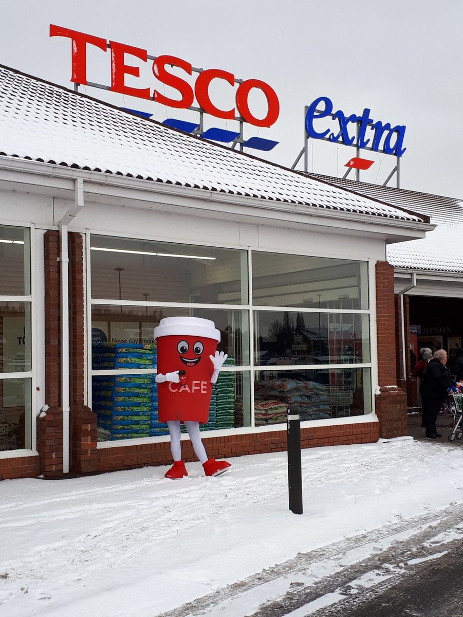 TescoCafe's tweet photo. Need a warm drink? Our Mascot has some FREE HOT DRINK vouchers at our #Barnsley store on Wombwell Lane today/tomorrow, Sat &amp;Sun. Pop down this weekend for free face painting too! 11am to 3pm https://t.co/IkwRzOWAv6