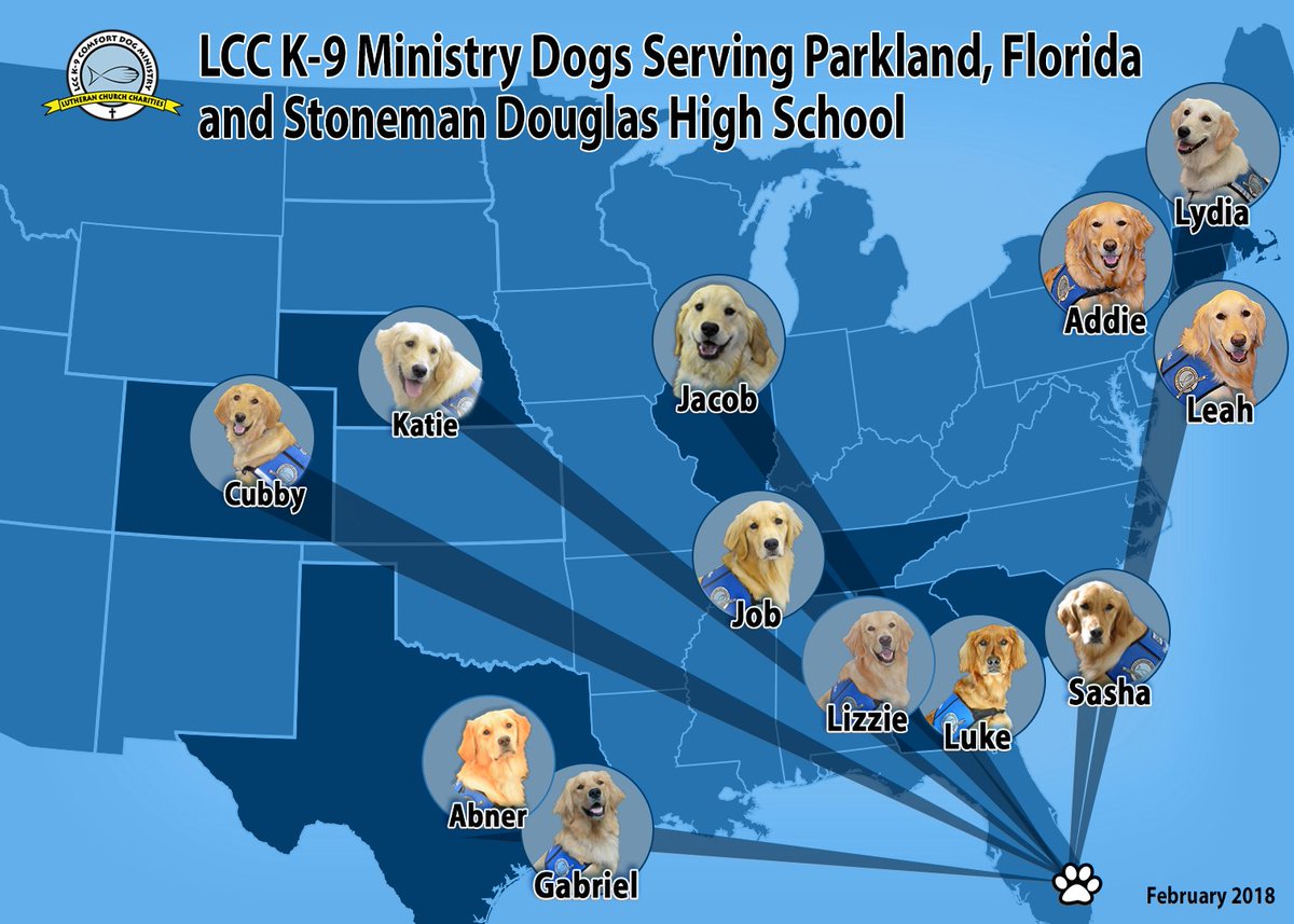 K9ComfortDogs's tweet photo. The LCC K-9 Comfort Dogs have been sharing love and comfort in #Parkland #Florida for two weeks since we were invited to deploy. 27 LCC K-9 Comfort Dogs have deployed so far. We never charge those we serve but rely on donations to serve. To give, pls visit https://t.co/gKT35uBANX https://t.co/WFFQHoR9ef