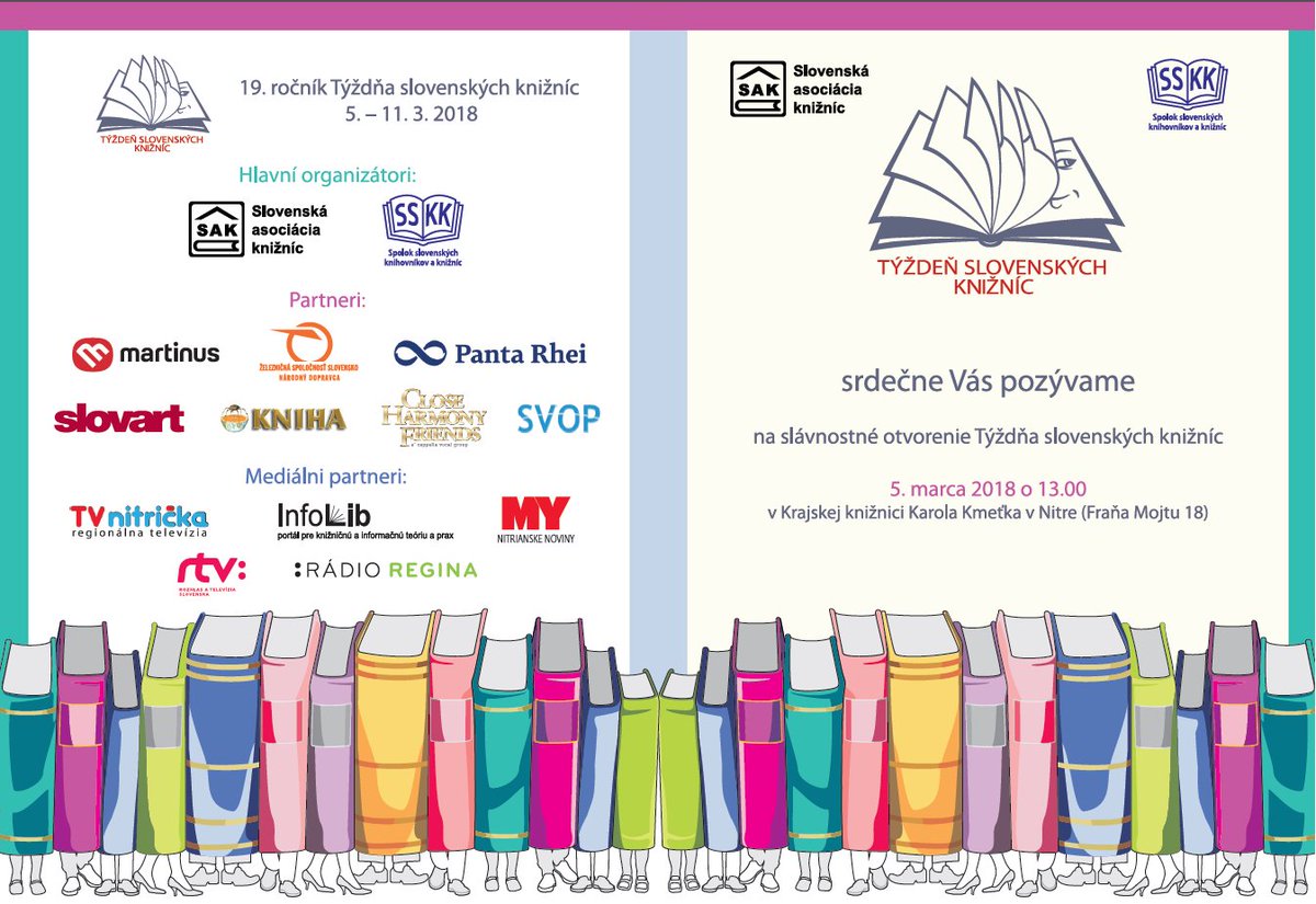 V dňoch 5. – 11. marca 2018 sa uskutoční slávnostné otvorenie Týždňa  slovenských knižníc 2018 v Krajskej knižnici Karola Kmeťka v Nitre.  Otvorením Týždňa slovenských knižníc 2018 na začiatku marca si zároveň pripomenieme tradíciu Mesiaca knihy :)