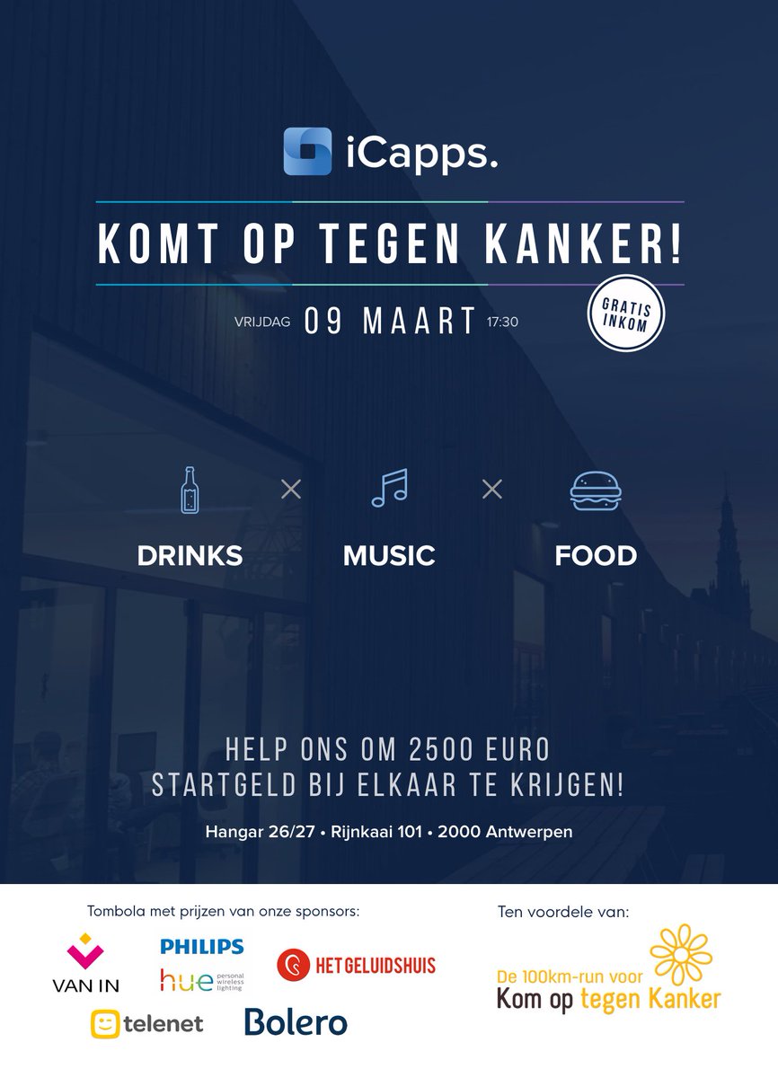 SjoeraRoggeman's tweet photo. I would like to invite you all to join our after work party next week Friday the 9th of March! It's a great opportunity to have a drink and do some networking. And the best part is: you're supporting Kom op Tegen Kanker while doing it. 
@ Hangar 26/27, Rijnkaai 101, Antwerp https://t.co/Pu7dYQXPll