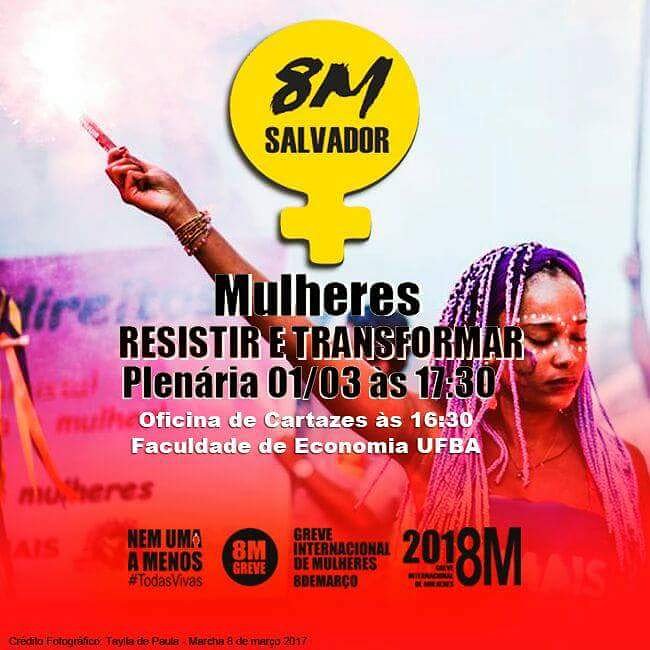 Worldsocforum's tweet photo. [FSM 2018 🌎 AGENDA]

⚠️ ATENÇÃO PARA O 8 DE MARÇO - DIA DA MULHER⚠️

PARTICIPE DA ÚLTIMA PLENÁRIA 8 DE MARÇO!!!

#FSM #FSM2018 #VemFSM #8M #8DeMarço #DiaInternacionalDaMulher #nenhumaamenos #todasvivas #GreveInternacionaldeMulheres #8MSalvador https://t.co/YYcxVqs9RS