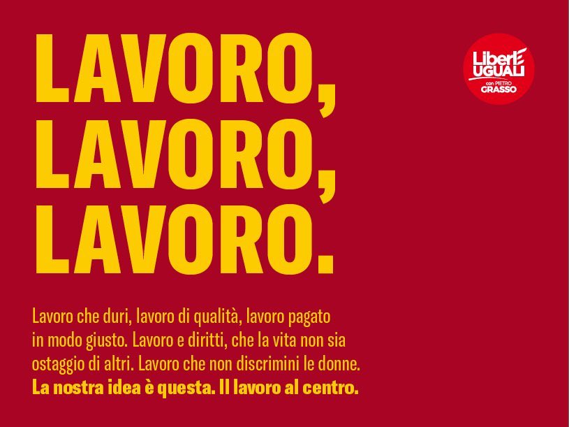 La disoccupazione è risalita all'11,1%. Lavoro, lavoro, lavoro: è il pensiero fisso di tutti gli italiani e il pensiero fisso di <a href="/liberi_uguali/">LIBERI e UGUALI</a>. Puntiamo i riflettori su questo e sulle proposte per creare lavoro stabile e ben retribuito per tutte e tutti: goo.gl/dPSSen