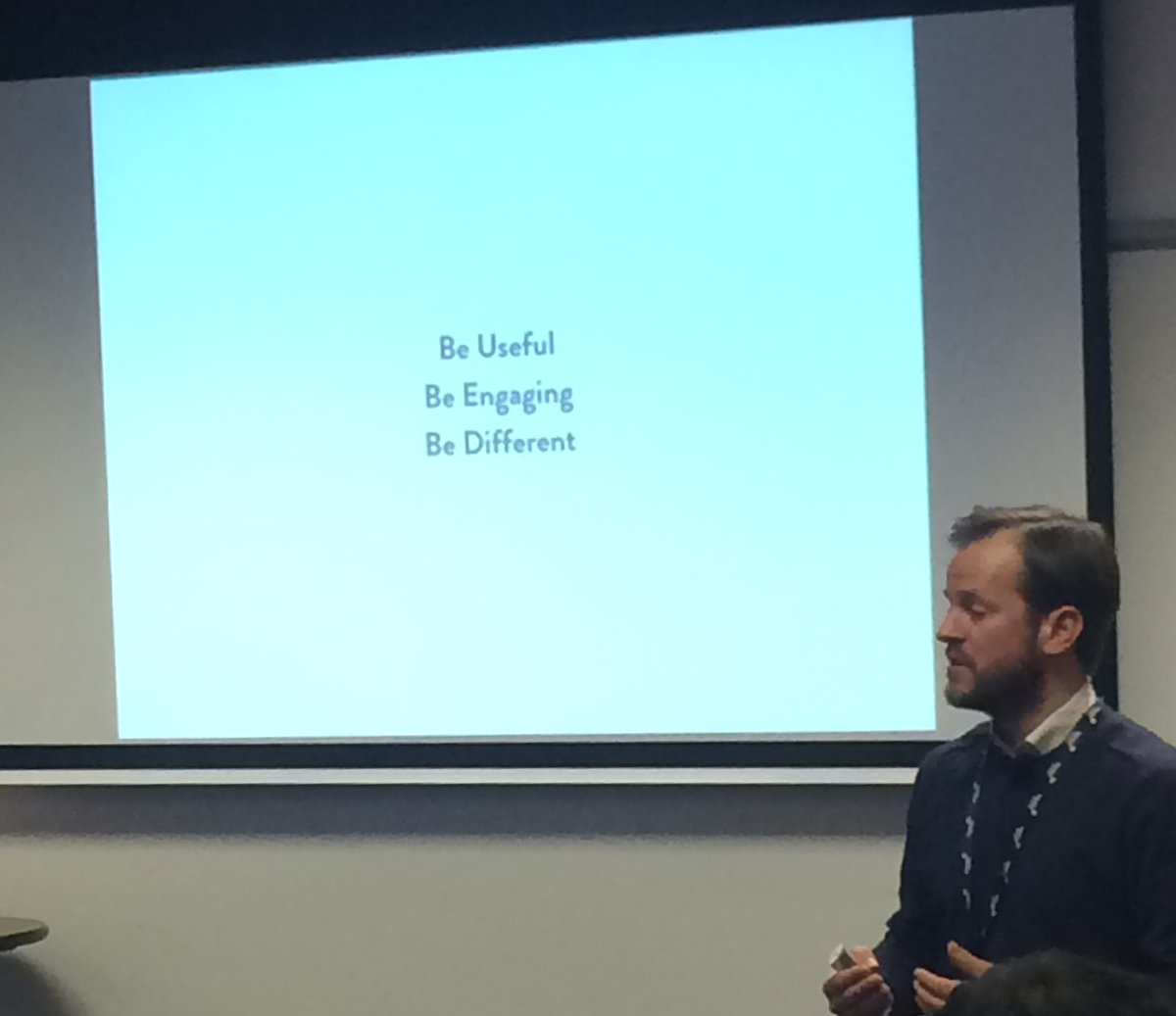 Fielding20's tweet photo. Be useful, be engaging, be different. @banksy6 tells @PraxisAuril #busdev18 in snowy Loughborough. https://t.co/eVrWUcf8dO