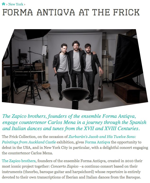 NEWS «Forma Antiqva at The Frick»
@frickcollection, on the occasion of Zurbarán’s Jacob & His Twelve Sons, gives Forma Antiqva the opportunity to debut in New York with a delightful concert engaging the countertenor #CarlosMena.
spainculture.us/city/new-york/…
—@spainculturept
#FANewYork