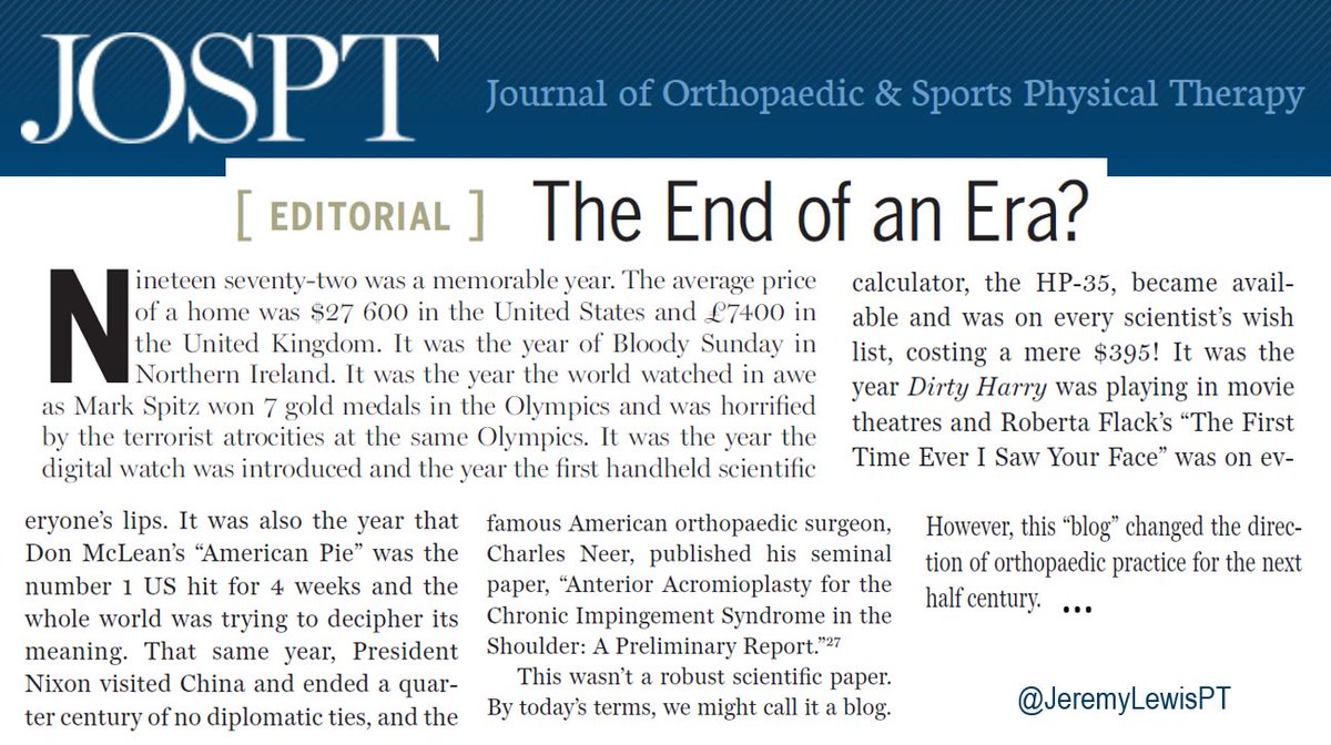 JeremyLewisPT's tweet photo. JUST PUBLISHED: @JOSPT Editorial
END OF AN ERA? 
IS THIS THE END of subacromial decompression (acromioplasty) surgery?
https://t.co/1RRZUM5iV1

Read together with:
https://t.co/AKSRQem5AX

https://t.co/UibreDD6JE

https://t.co/xr2ZS48WYF
@JOSPT @chadcookpt https://t.co/0gn28VO9cJ