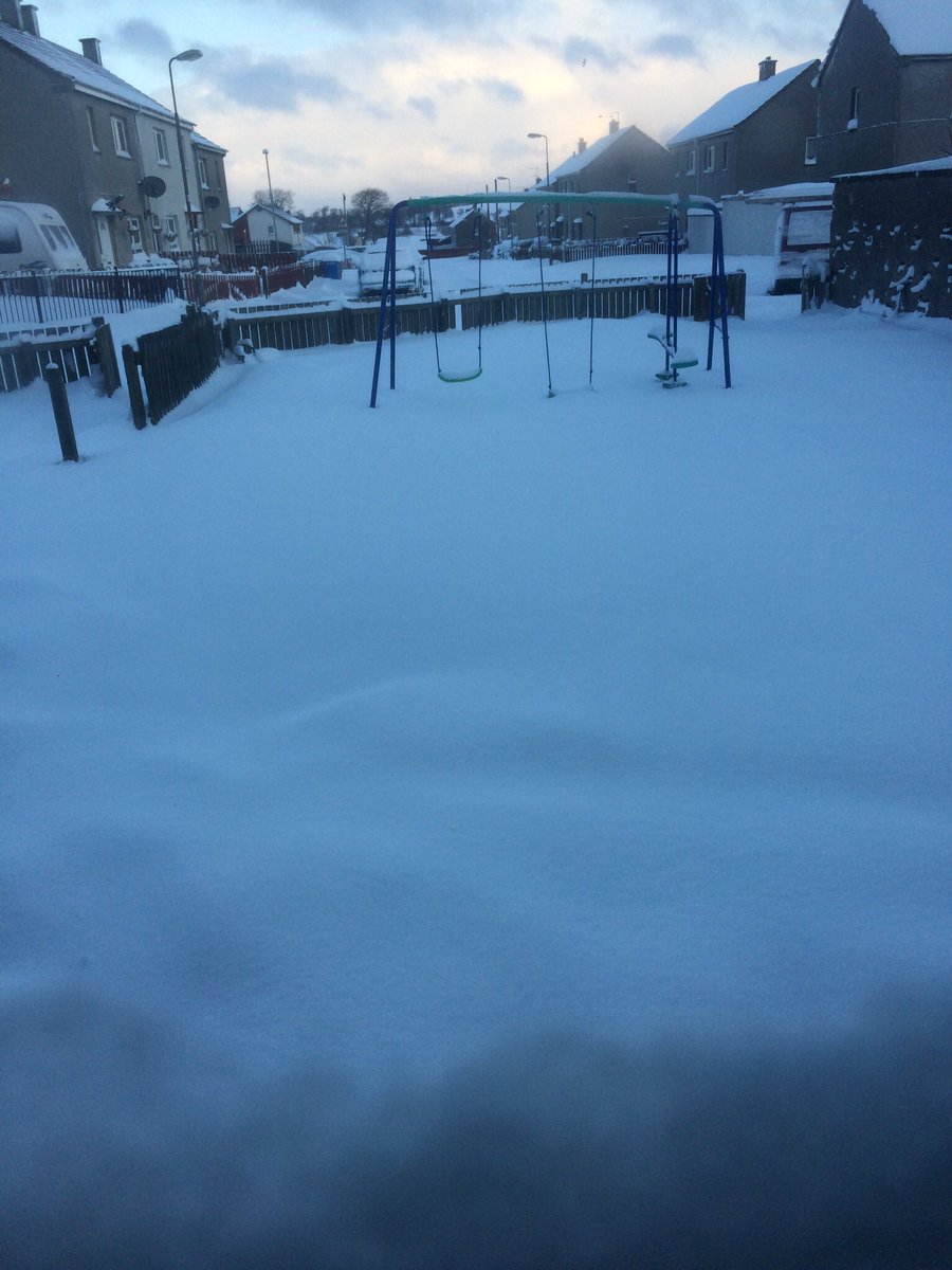 EmilysCrochet's tweet photo. Weather in Whitburn West Lothian, Scotland.The snow is so deep that one of the swing seats are buried under it.
It’s another snow day for the boys ❄️
And it looks like another day off work for me as there is no public transport.
#snow2018. #snowday. #redaleart #bbcbreakfast https://t.co/8dmFkXPfEq